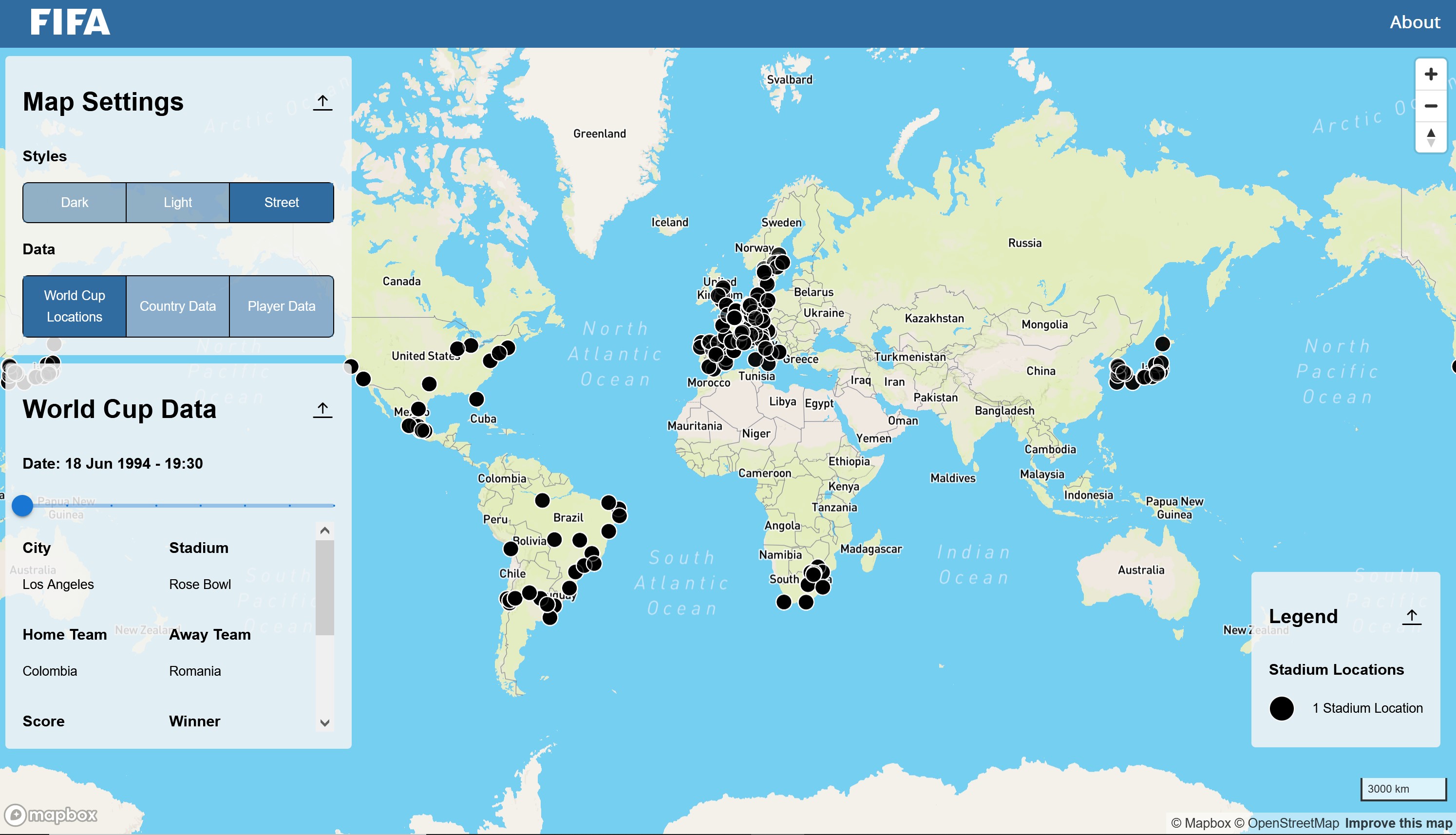 Screenshot of map of stadiums